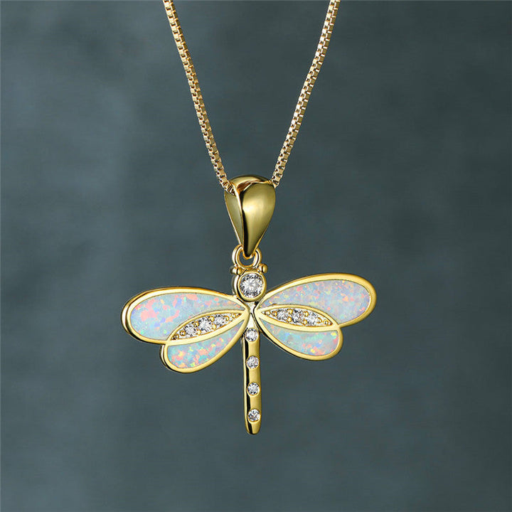 Gold Dragonfly Necklace with Opal